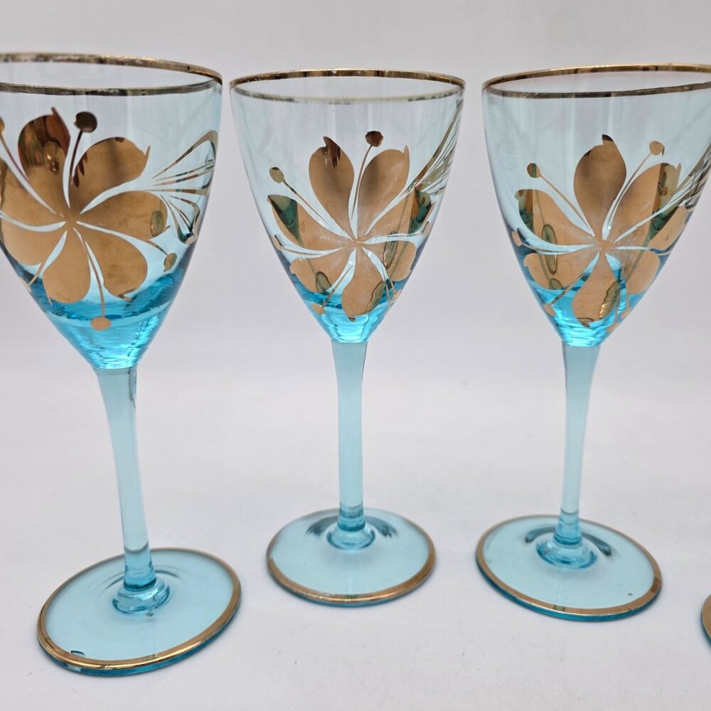 Vintage Romanian Blue Stemmed Wine Glasses With Gold Floral Design Set Of 4 - Picture 4 of 7